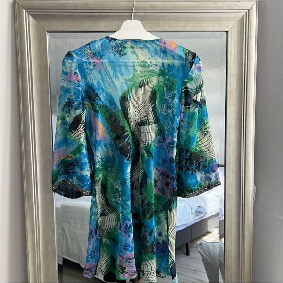 L’AF FAIRE Beautiful Indian Women's Watercolor Tunic Top V-Neck Embroidered Sz S - Picture 5 of 7